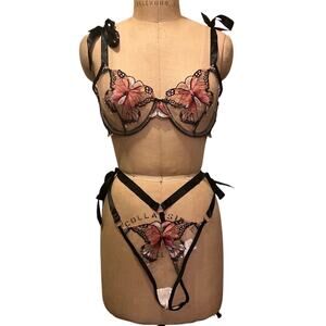 Sexy Sheer Butterfly Tie Bra and Thong Set 2 Piece Size XL NWOT